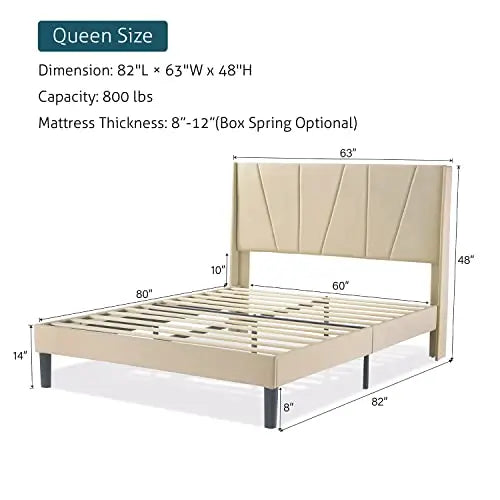 Upholstered Platform Bed Frame with Modern Geometric Design, Wooden Slats - Light Beige HOOMIC