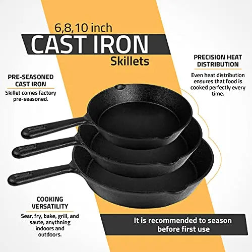 Utopia Kitchen Pre-Seasoned Cast Iron Skillet Set 3-Piece - 6 Inch, 8 Inch and 10 Inch Utopia Kitchen