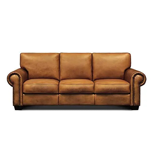 Valencia 100% Top Grain Hand Antiqued Leather Traditional Sofa - Tan Brown Amazon