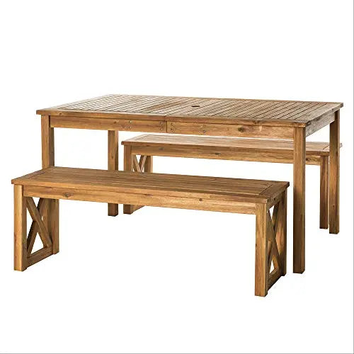 Walker Edison Roanoke Modern 3-Piece Acacia Wood Outdoor Dining Table and Bench Set - Brown Walker Edison