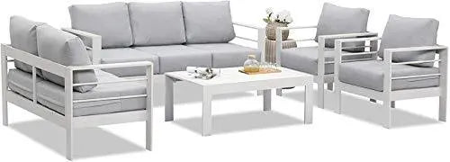 Wisteria Lane Aluminum Outdoor Patio Furniture Set - White Metal with Grey Cushions Wisteria Lane