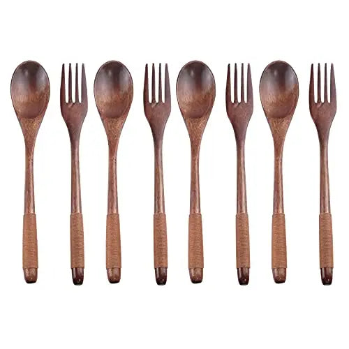 Wooden Spoons and Forks Tableware Dinnerware 8-Piece Flatware Set - Brown Antrader