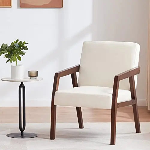 Wooden Upholstered Mid-Century Modern Accent Chair - White HUIMO