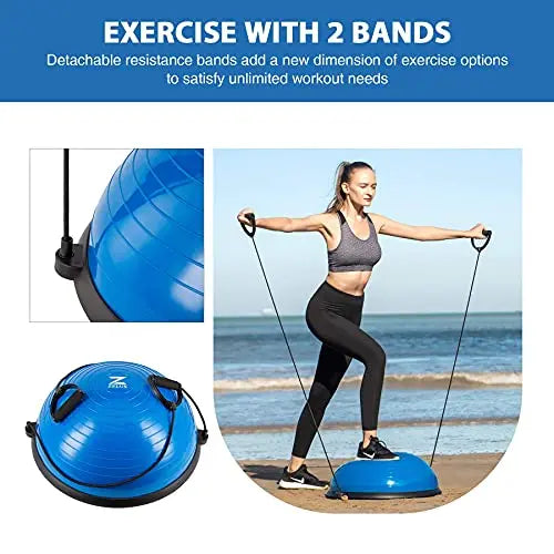 Z ZELUS Balance Trainer Half Yoga Exercise Ball with Resistance Bands and Foot Pump - Blue Z ZELUS