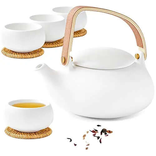 ZENS Ceramic Teapot Set | Japanese Tea Pot Set, 27 Oz - White Matte