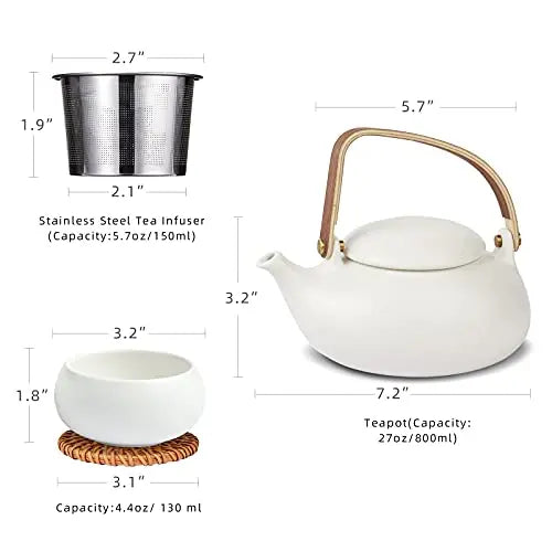 ZENS Ceramic Teapot Set | Japanese Tea Pot Set, 27 Oz - White Matte ZENS
